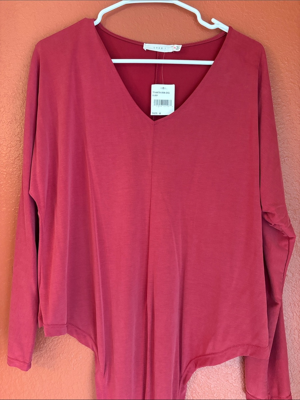 Lush Deep Rose V-Neck Front Tie Long Sleeve Top